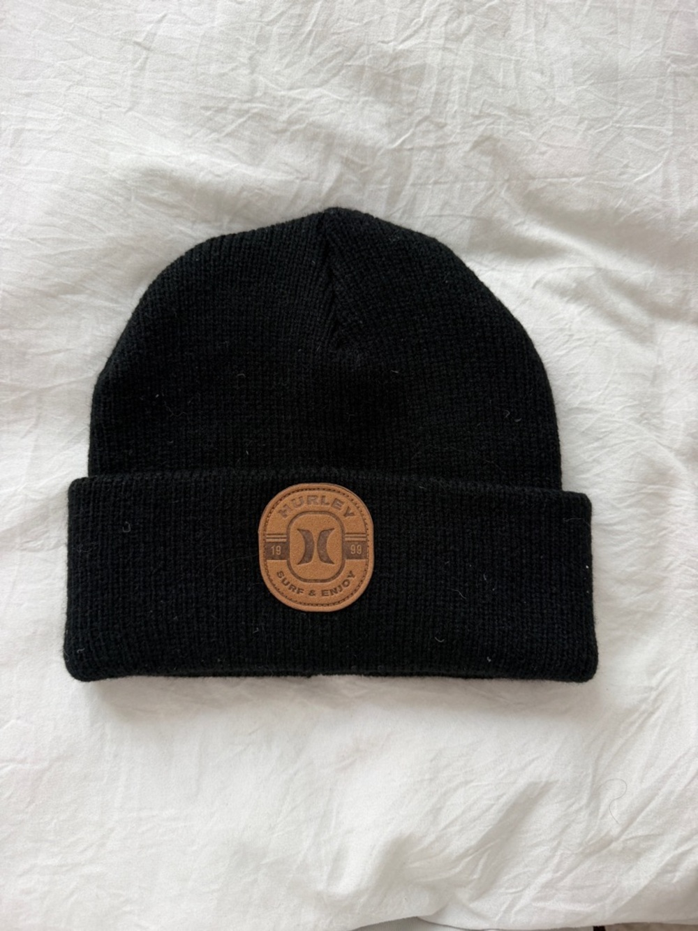 Hurley Black Knit Cuffed Beanie with Leather Logo Patch